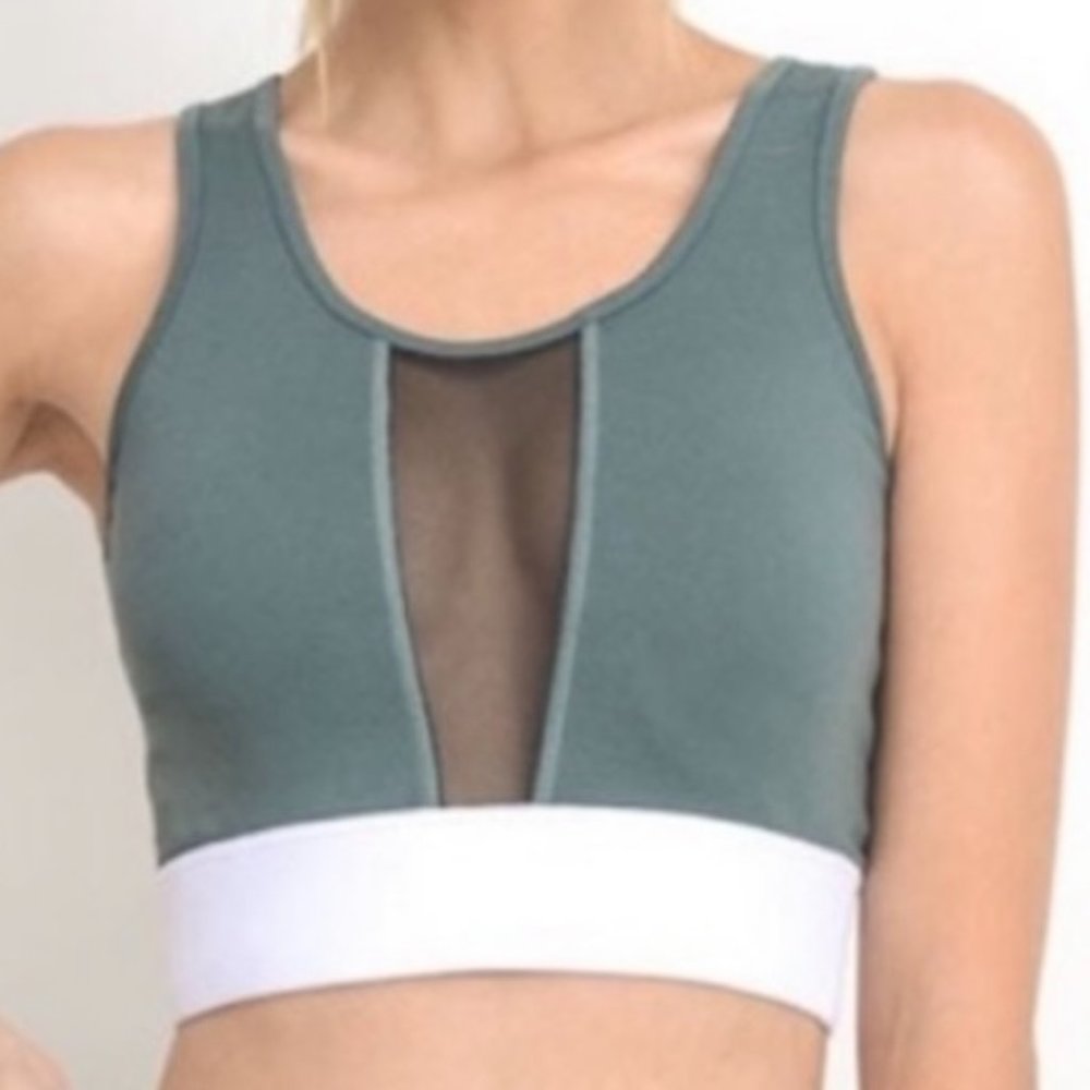 MONO B Sports Bra Women's Size Small Dusty Green w/white Band & Black Mesh Panel